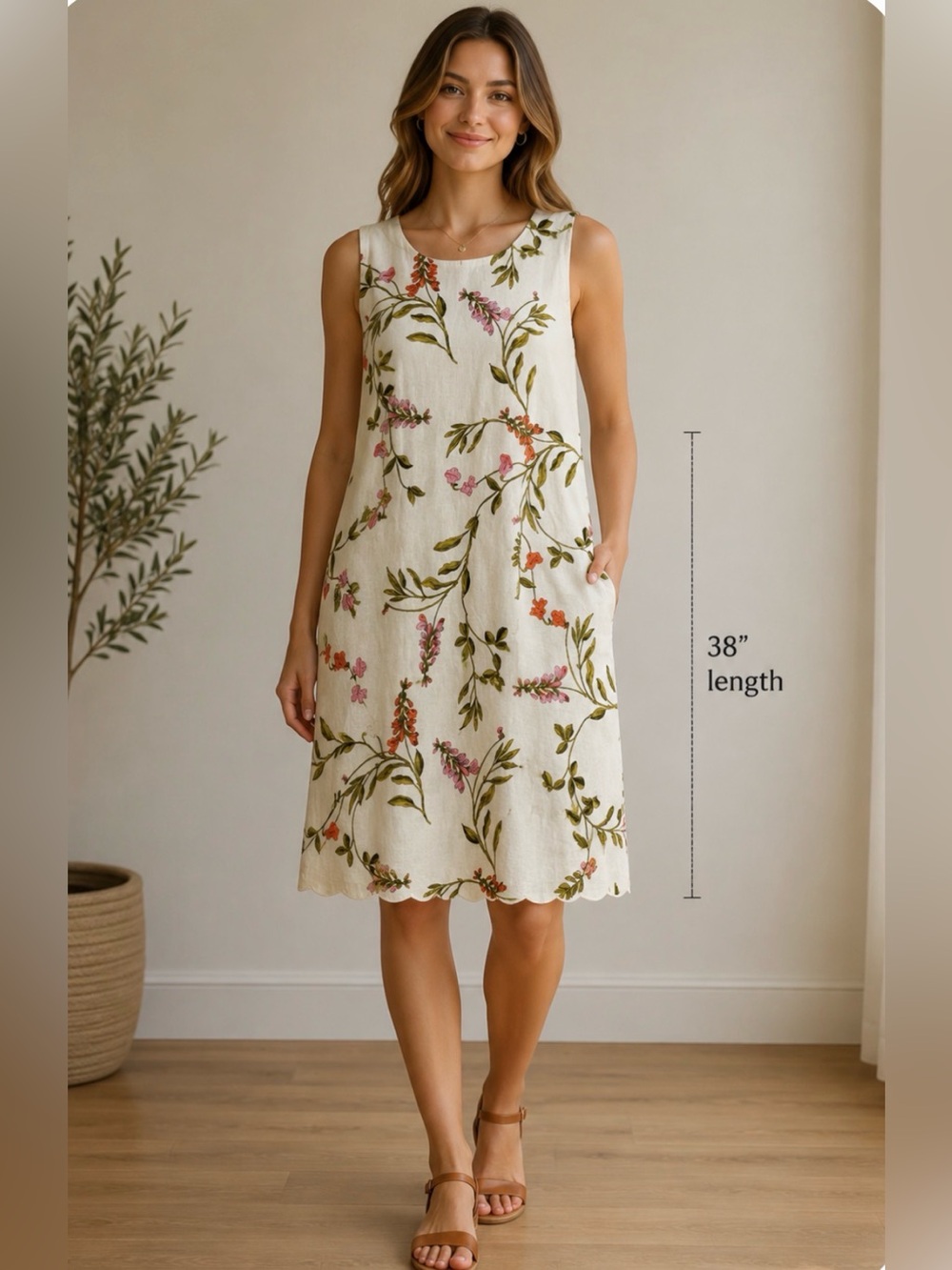 Joie Cream A-Line Linen Dress with Green and Pink floral pattern